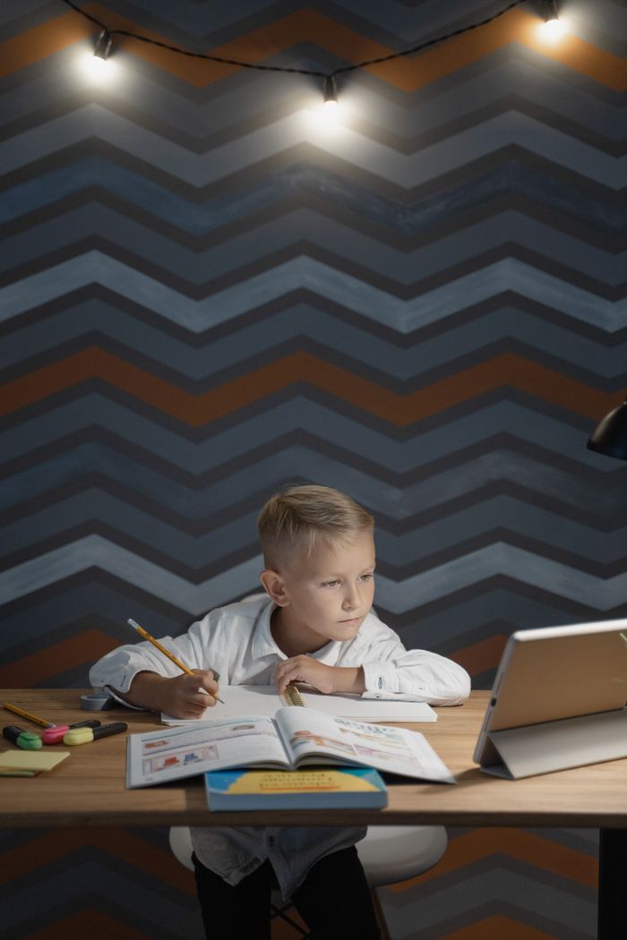 Young boy studying online with a tablet, pencil, and books in a cozy home setting.